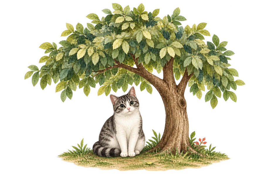 一只白胸白爪的灰色虎斑猫坐在树荫下，树干在它右侧